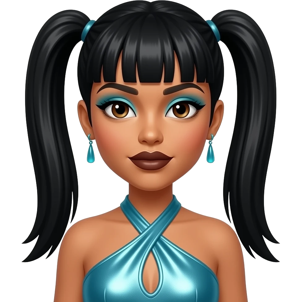 Lisa Left Eye Lopes from TLC with dark brown eyes, black straight two ponytail hair with bang, cyan eyeshadow, dark brown lipstick, cyan metallic halter dress, earrings emoji