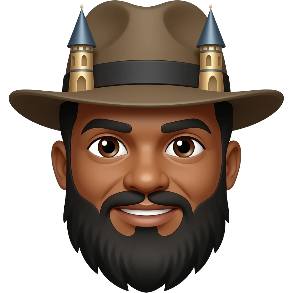 black skin-colored man with a big beard, and a hat with 2 towers emoji
