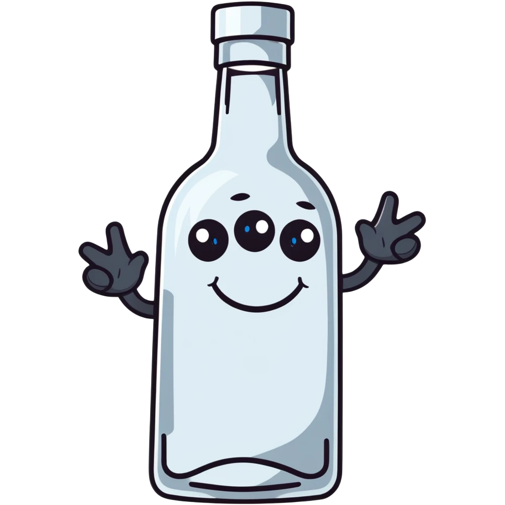 cartoon vodka bottle character with eyes, smile, arms and legs emoji
