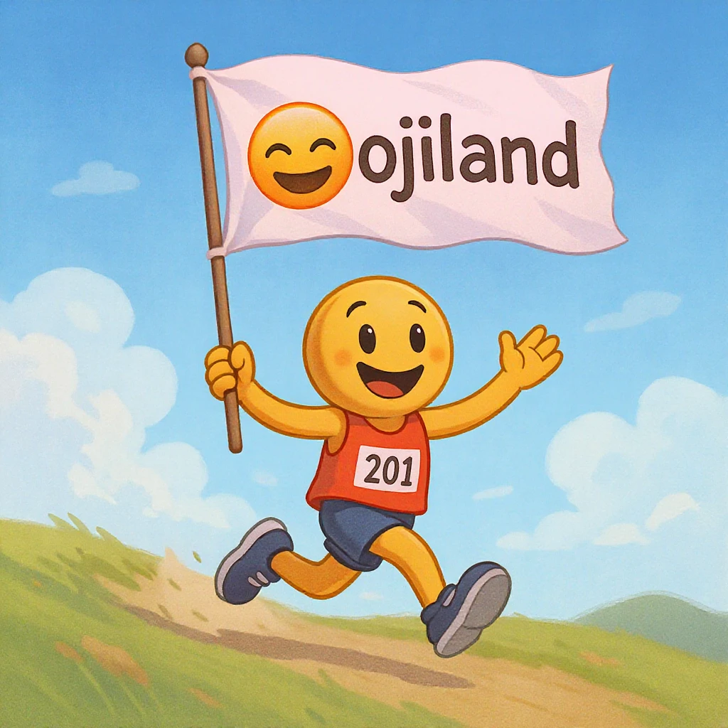 happy runner waving a flag that says 'emojiland' emoji