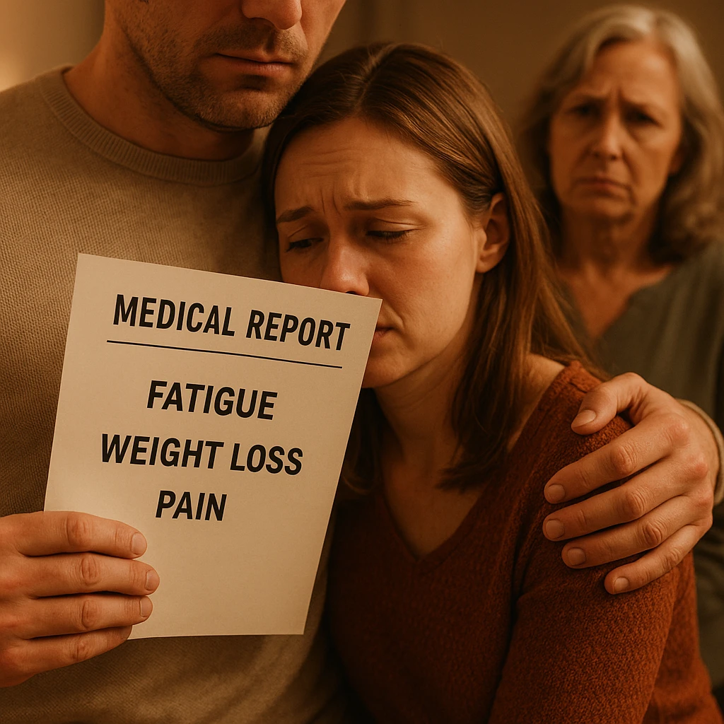 Close-up of the man's hand holding medical reports labeled with symptoms, his other arm gently around his wife's shoulders, the mother-in-law in the background with a doubtful expression. emoji