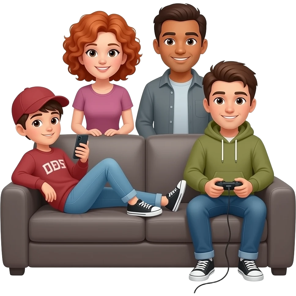 A brown-haired teenager with a cell phone sits sideways on the couch with his feet up, wearing a cap, sweatshirt, and jeans no smiling. Another teenager sits on the couch playing video games, wearing a hoodie. A brown-haired, tan-skinned father and a red-haired, curly-haired mother watch emoji