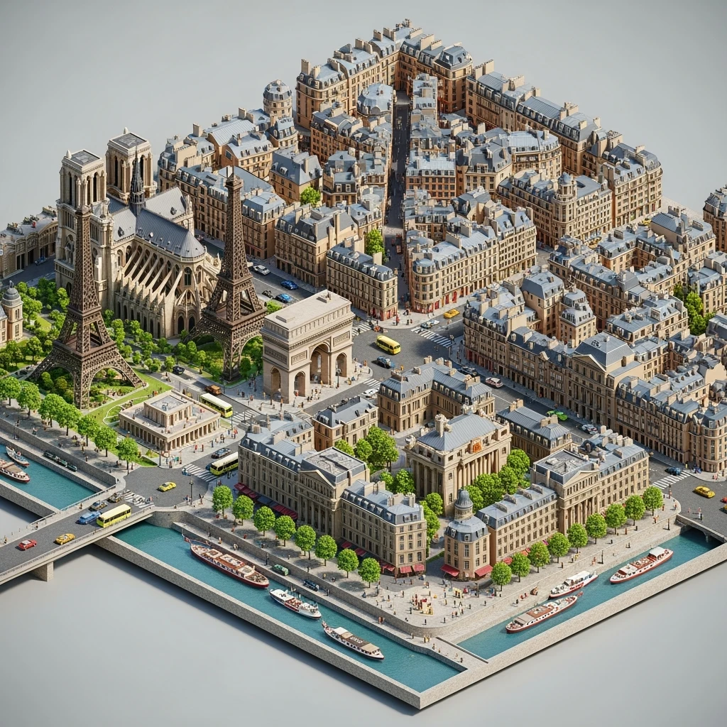 Isometric illustration of Paris, with photorealistic detailed miniature cityscape emoji