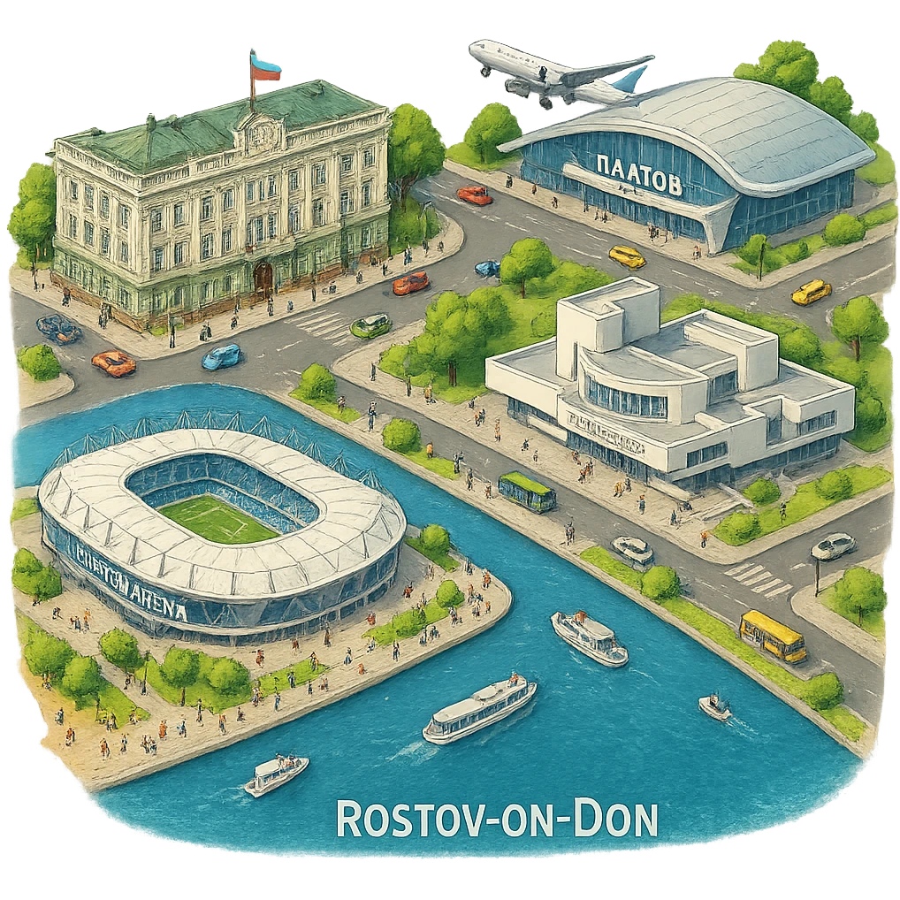Изометричная чёткая миниатюрная фотореалистичная 3D модель панорамы Ростова-на-Дону — Здание городской думы (Городской дом), Ростов-Арена, аэропорт Платов, Ростовский театр драмы имени Горького, набережная Дона, люди, автотранспорт. Вид сверху в изометрии, яркие цвета, мультяшная рисованная реалистичность, прозрачный фон, компактная композиция. emoji