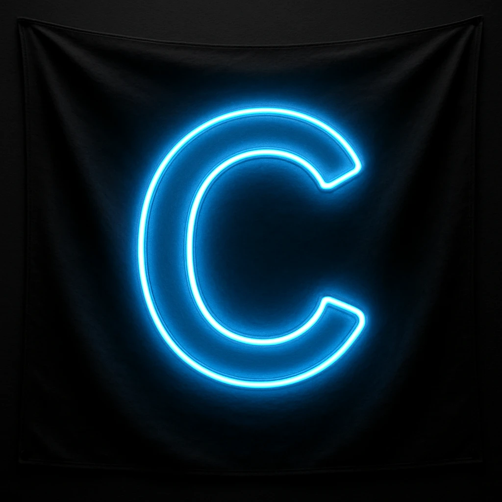 a flag with a neon letter C, electric blue neon, dark flag emoji