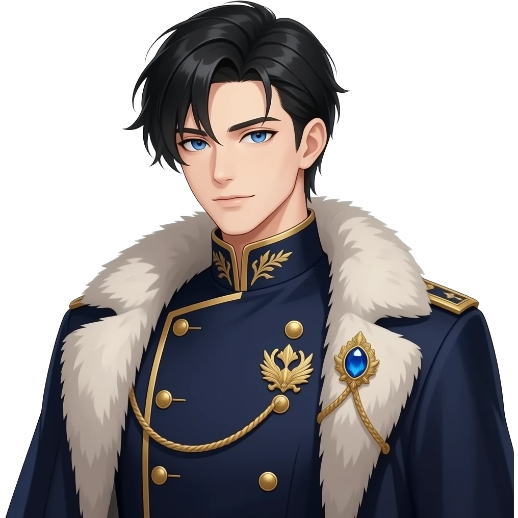 handsome tall muscular anime duke,jet black side-slicked hair,loose front strand,piercing oceanblue eyes,pale skin,sharp features,broad shoulders,defined collarbones,wearing dark navy high-collared uniform with gold embroidery,gold epaulette with blue gemstone brooch,fur-collar coat emoji
