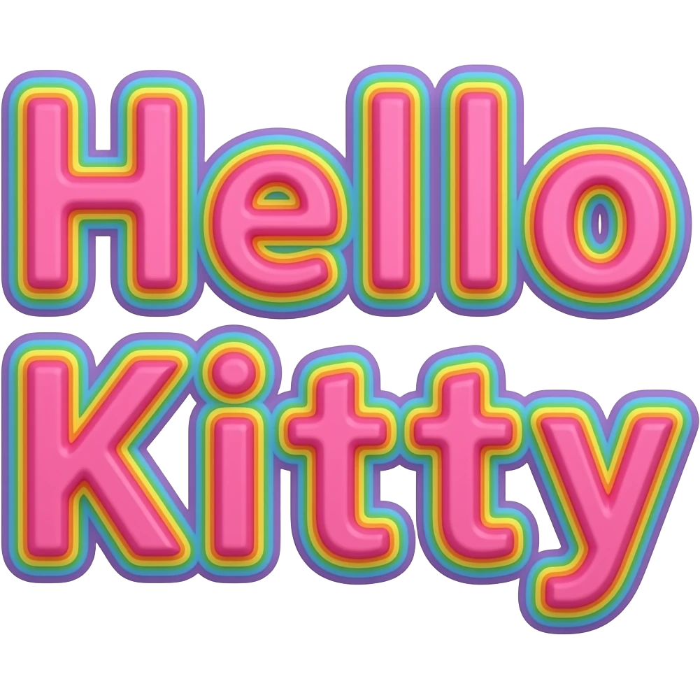 Hello kitty in bright hot pink, in 3d style with all colors of the rainbow as a border outlined around each letter, isolated, 3d rendering, no emoji icons no emoji faces and must have no human figures emoji