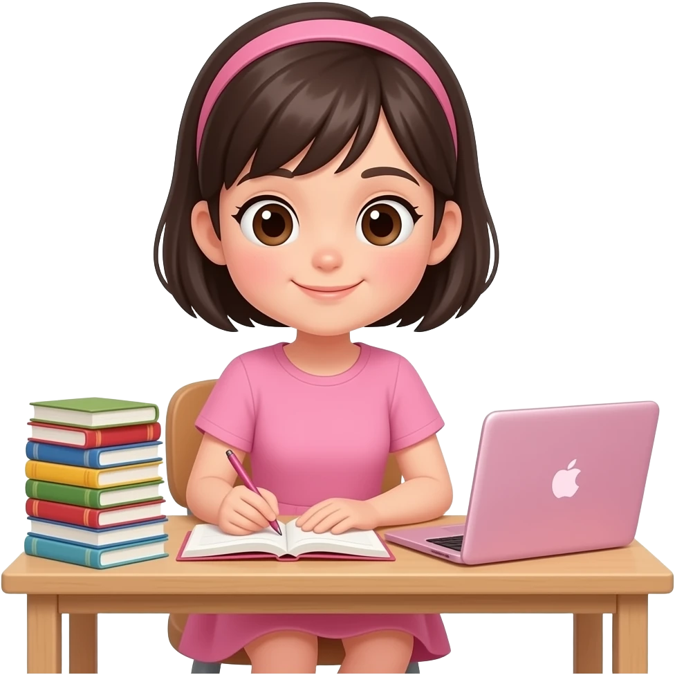 chica de cabello oscuro y corto, con ojos color cafe, con vestido color rosa, estudiando en un escritorio con una laptop iphone rosa y muchos libros emoji