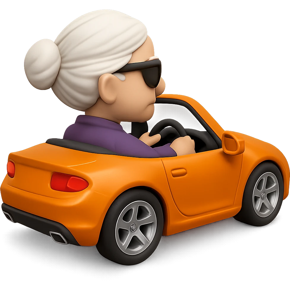Show the old lady with white hair in the orange sports car from a rear angle, in 3D emoji style, realistic, wearing sunglasses, no background. The style should resemble Microsoft style 3D fluent emojis with realistic details and no background. emoji