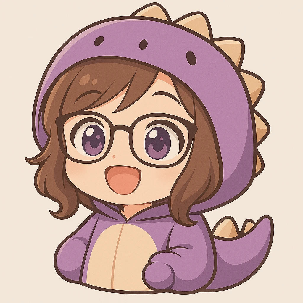 Brighten up the face of the chibi anime style girl with glasses, brown hair, dark purple eyes, wearing a purple dinosaur costume. She should look happy with eyes open, no controller, and no background. Keep the same chibi stickers style as the reference image. emoji