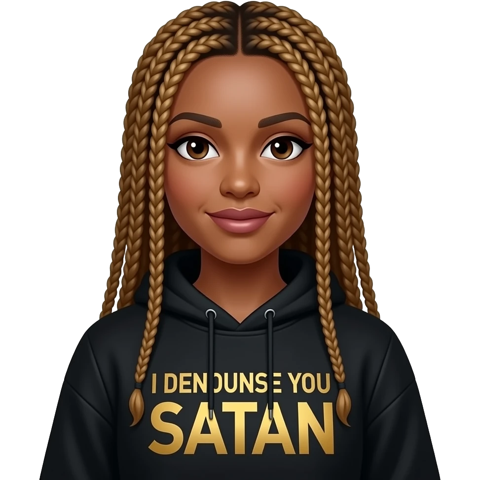 Light skin African American woman with long golden brown box braids wearing a black hoodie that says I DENOUNCE YOU SATAN in bold gold letters emoji