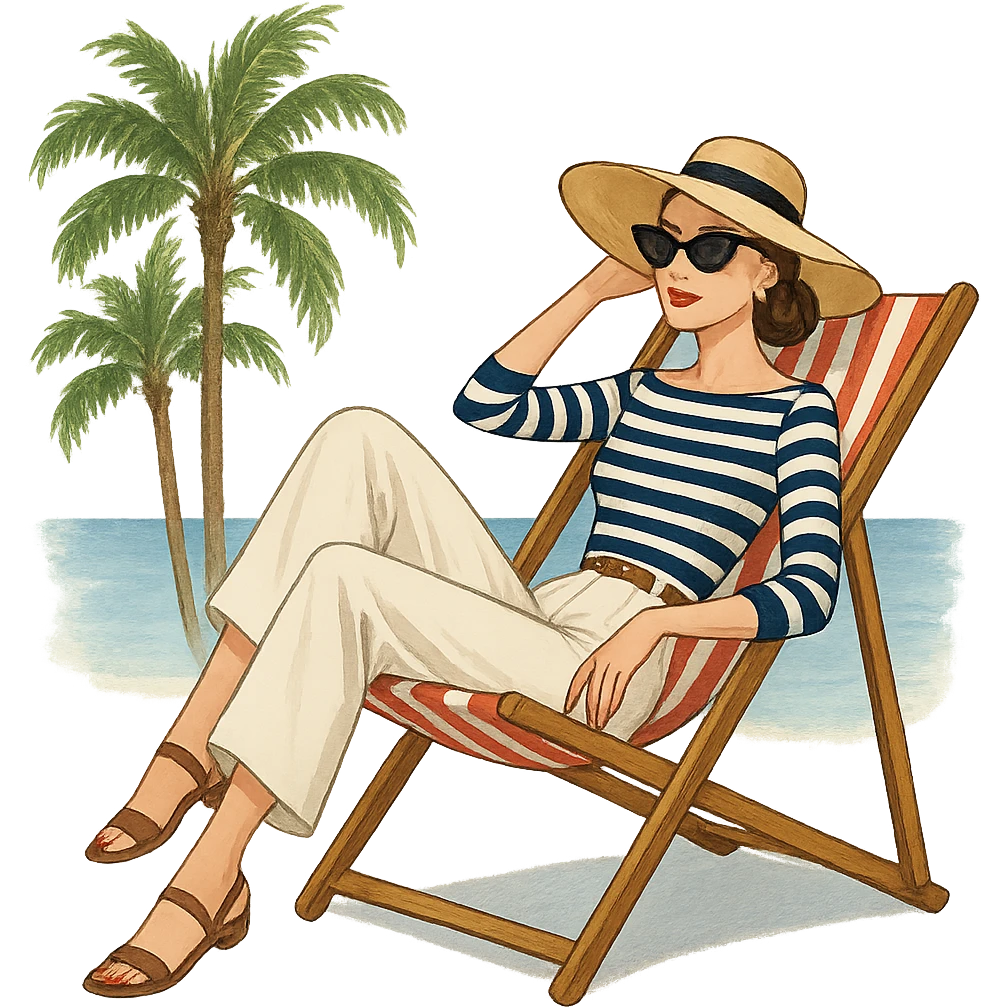 stylish girl in Riviera fashion, lounging on a deck chair with palm trees and sea in the background emoji