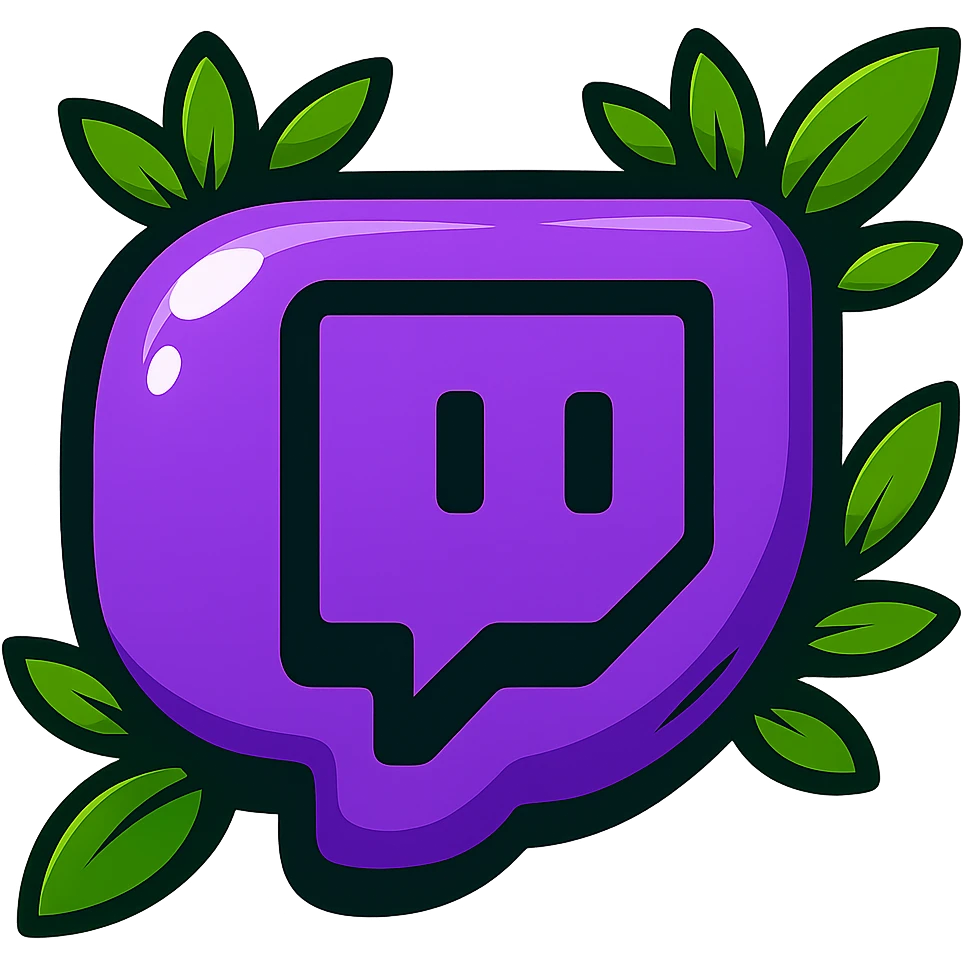 Super plump, smooth Twitch logo, cartoon style, thick black outline, expressive shadows, glossy highlights, surrounded by bright leaves, no background. Emphasize rounded shapes, contours, and shine, matching the reference style. emoji