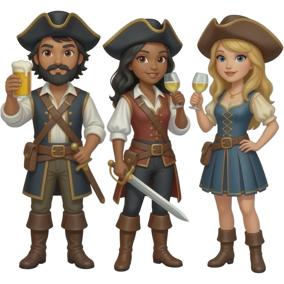 Three musketeers with swords and hats. One guy with black hair, beard and dark brown eyes, one girl with black hair and tanned skin and one girl with blond hair. The guy is drinking beer and the girls white wine. emoji