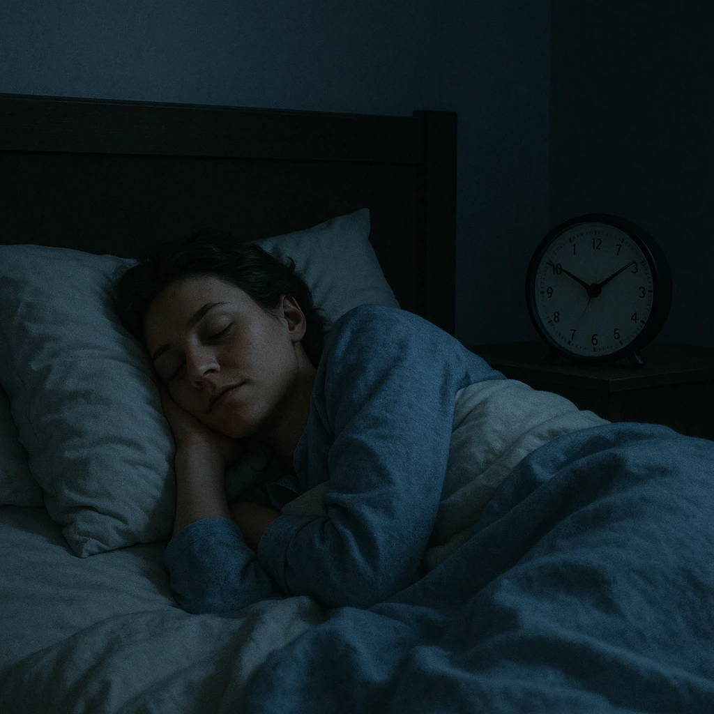 realistic illustration of a person sleeping peacefully in a bed in a dark room, with a visible clock showing 7-8 hours, creating a calm and restful atmosphere emoji