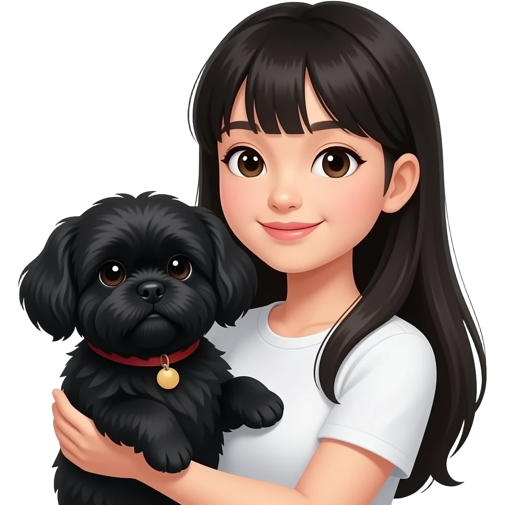 Asian ling hair girl holding black shih tzu dog emoji