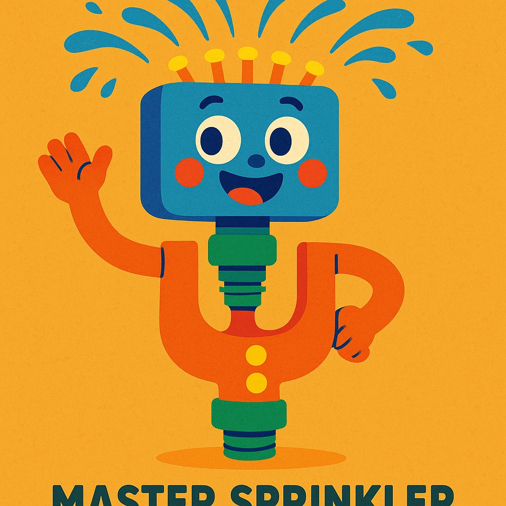 Master Sprinkler character from Grow a Garden, whimsical gardening tool with personality, vibrant colors, playful and friendly, suitable as a mascot or icon emoji