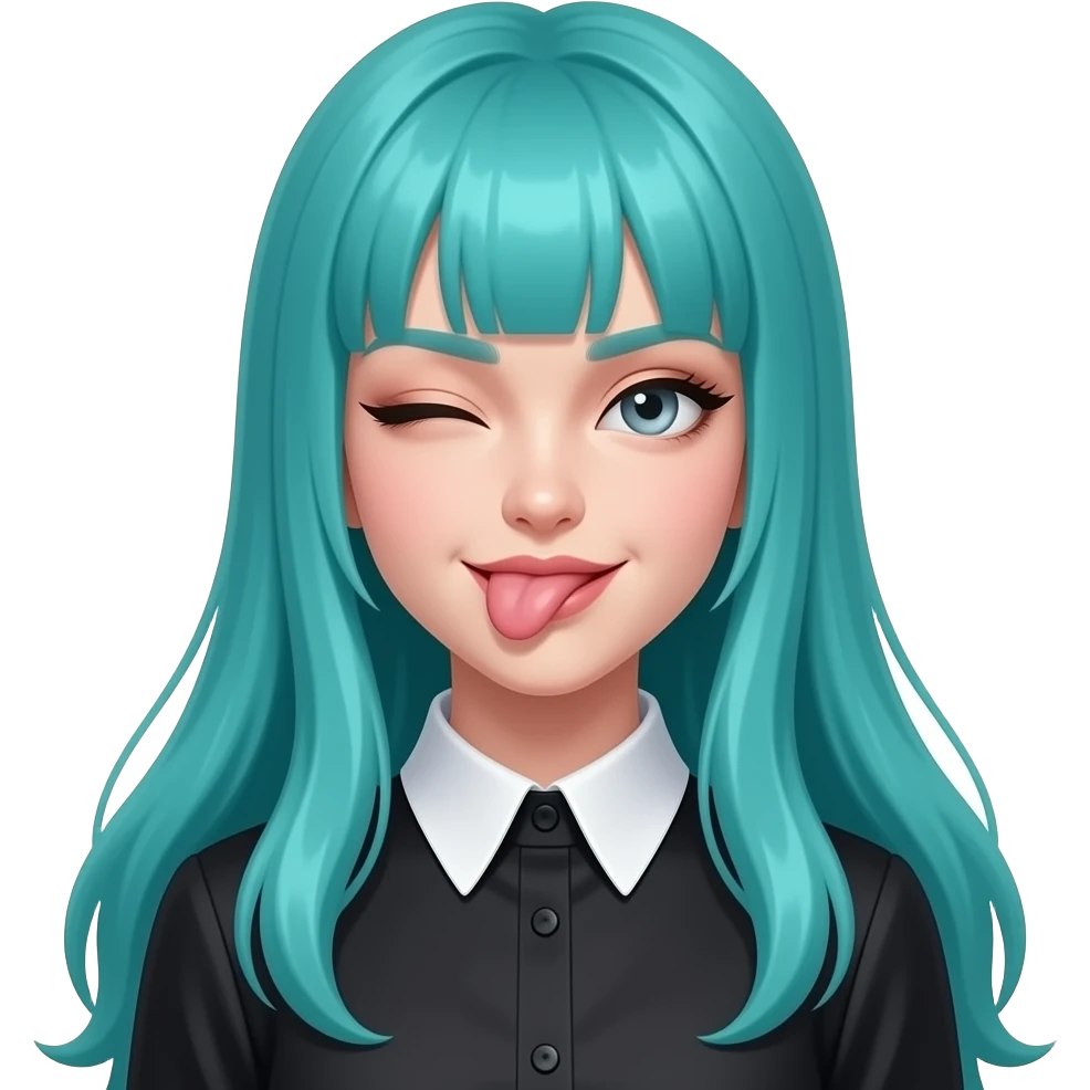 girl, winking, tongue out, long flowing teal hair, grey eyes, black shoulder cyberpunk blouse with fancy white collar emoji
