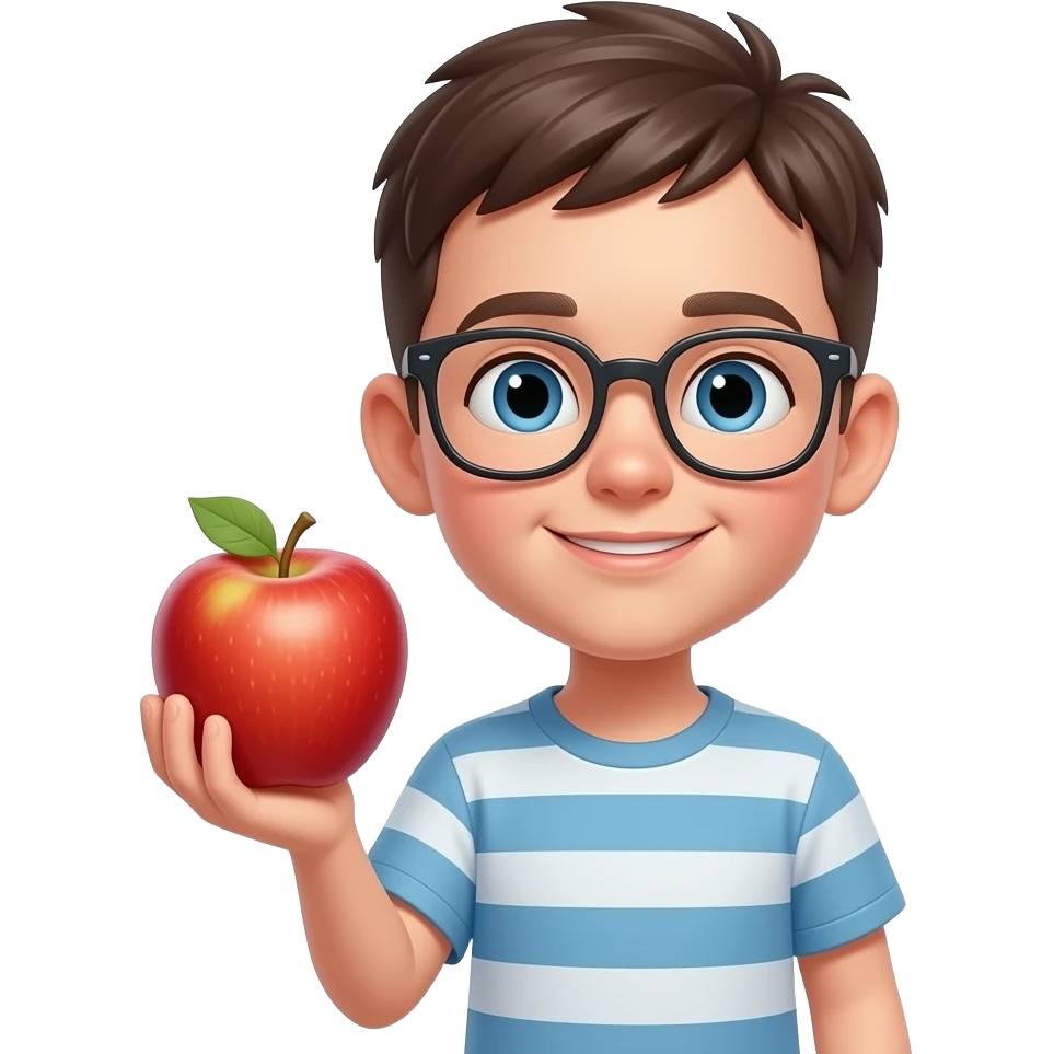 小男生、身型高瘦、短頭髮、戴眼鏡、手拿蘋果 emoji