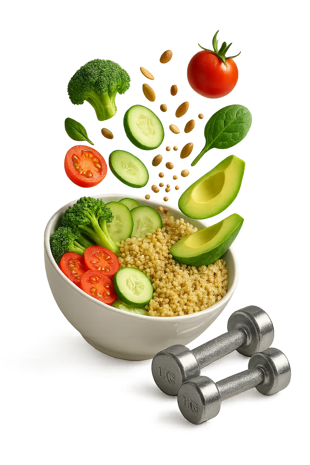 bowl bianca con cibo sano che cade dall'alto insieme a piccoli manubri da palestra in 3d, iperrealistica 4k emoji