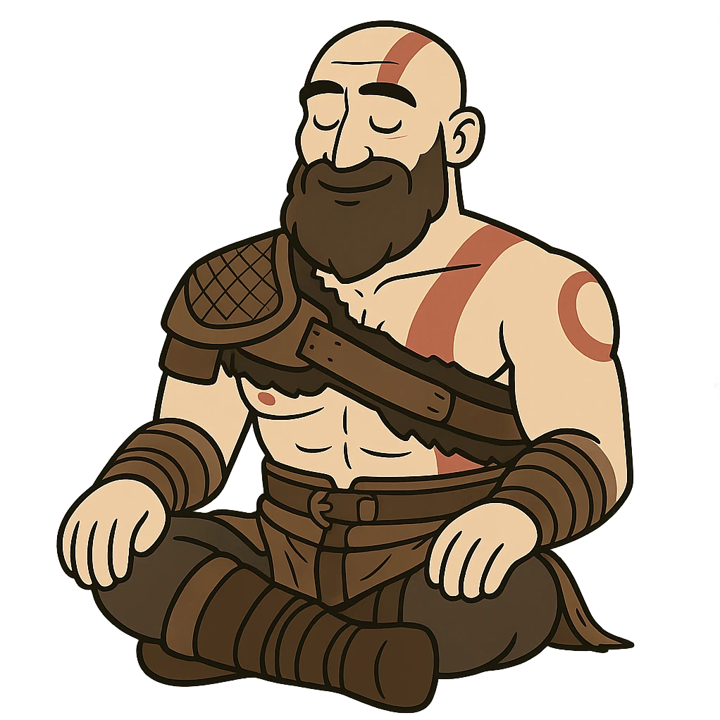 Kratos, God of War, sitting calmly with a peaceful expression, stylized cartoon emoji