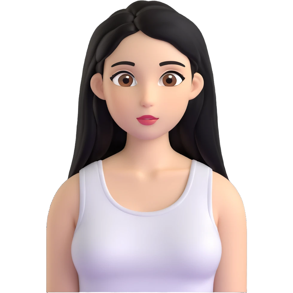 Female with straight long black hair parted in middle, beige skin, big brown eyes, natural makeup, white sleeveless top emoji
