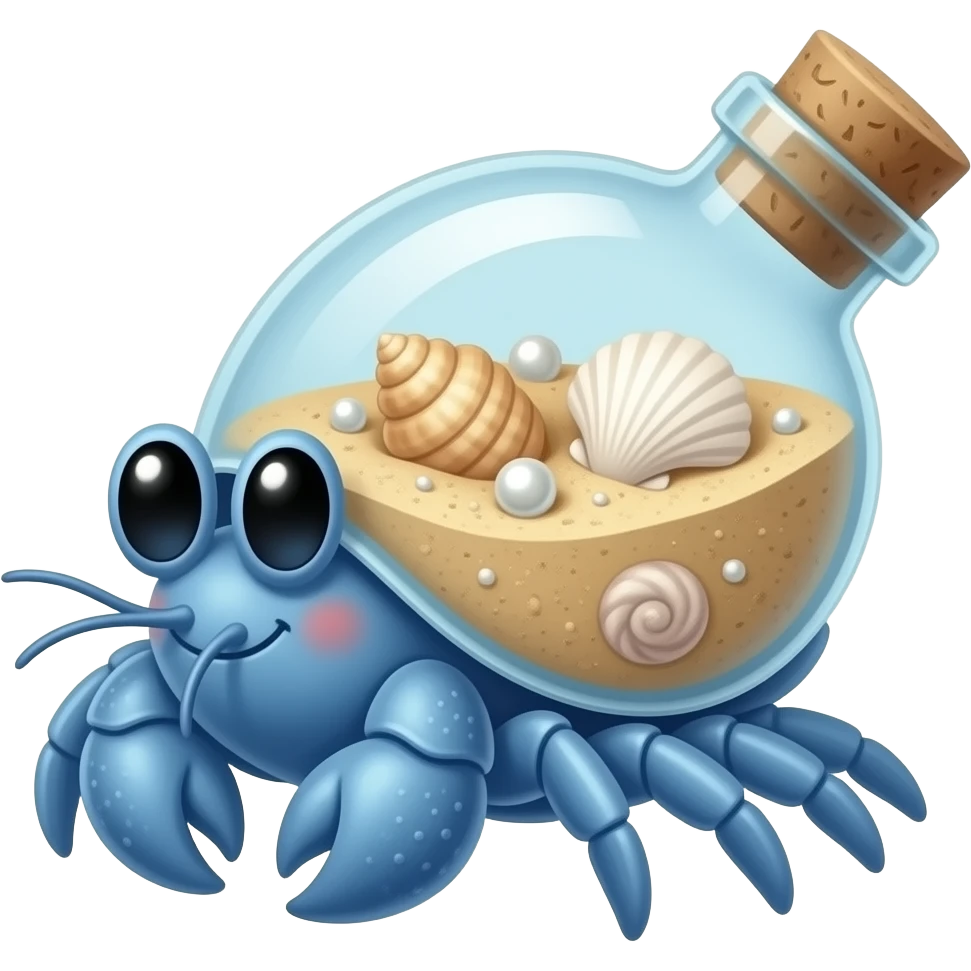 Cute blue hermit crab carrying a glass bottle shell filled with sand, seashells, pearls, and a tiny message, pastel fantasy beach style emoji