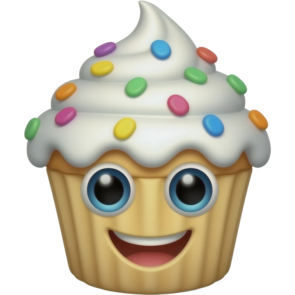 “happy cupcake character with face, colorful frosting, big shiny eyes, kawaii cartoon style” emoji
