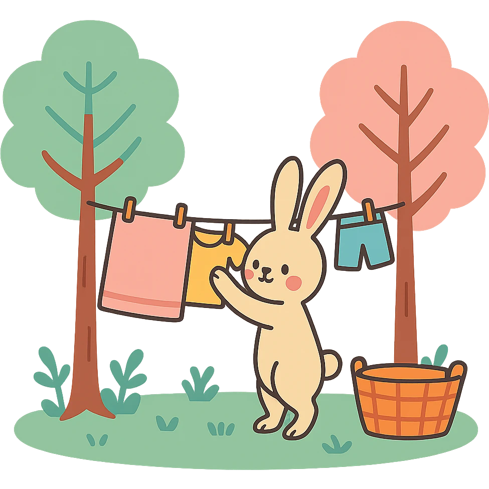 bunny hanging laundry between trees, calming domestic forest feel, soft pastel colors emoji