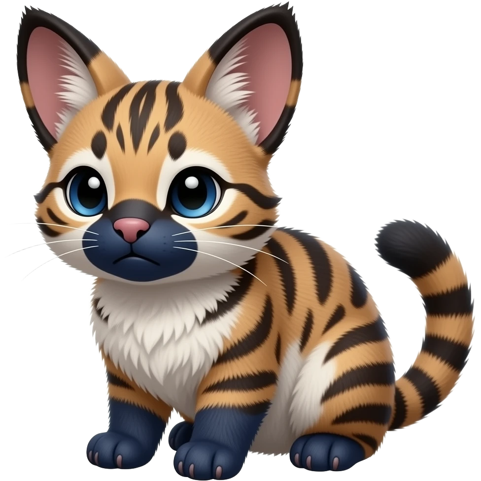 4-legged bushy soft realistic innocent sad pretty precious cute young dark-brown-and-white-striped Fakémon-Pokémon-feline-Zeraora-Jolteon-serval-caracal-chinchilla-Minccino-Cinccino-Meowstic-rodent-hybrid-creature (full body) with dark-blue muzzle, dark-blue puffy fluffy paws, tufted ears emoji