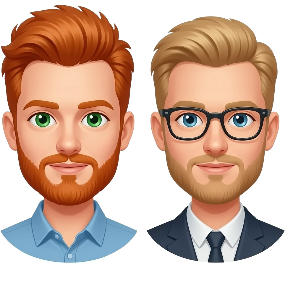Redheaded male, green eyes, short beard, and a blonde male, short beard, glasses. emoji
