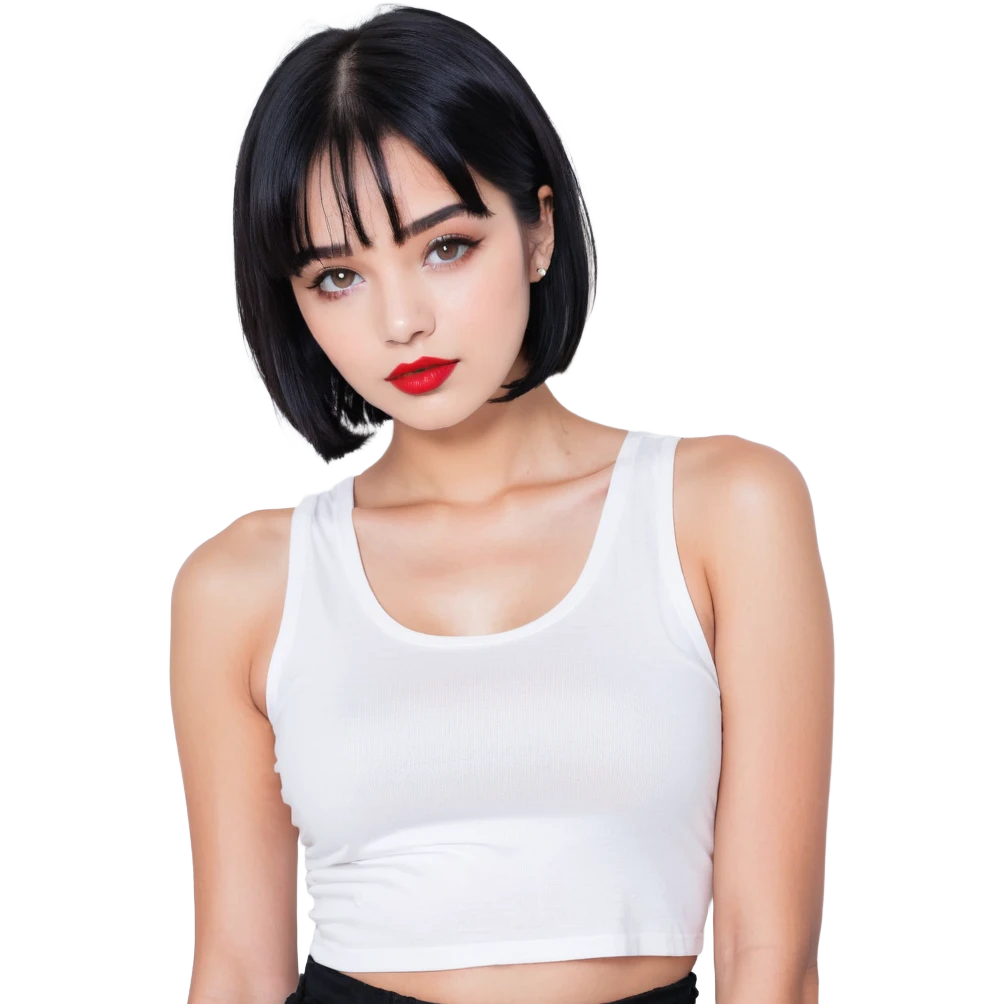 A pretty girl with black straight bob hair. She has hazel eyes with black eyeliner. She has plump red lips. She is wearing a white tank top emoji