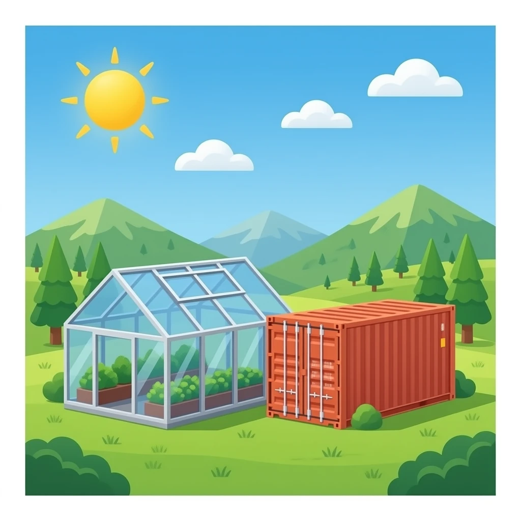 Shipping Container Greenhouse next to a shipping container emoji