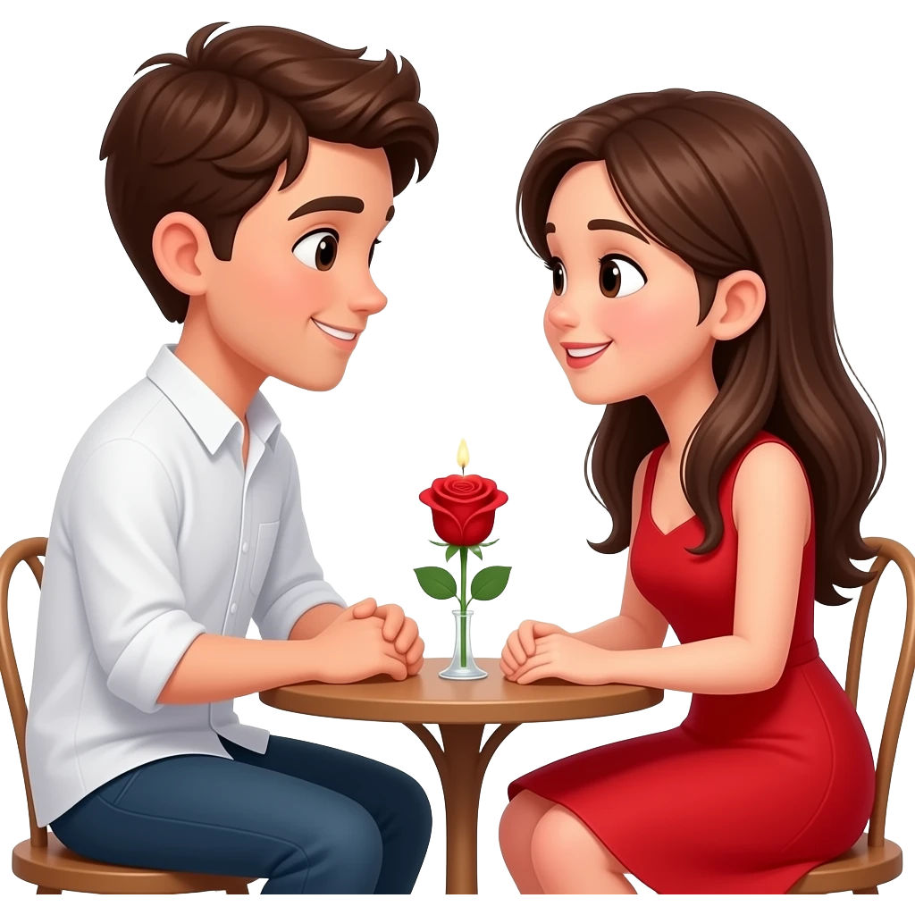 Doi oameni tineri stau la o masă mică, față în față. Un băiat cu păr șaten și cămașă albă și o fată cu păr lung și rochie roșie. Pe masă este o lumânare aprinsă și un trandafir. Ei zâmbesc și se privesc în ochi, într-o atmosferă romantică de Valentine’s Da emoji