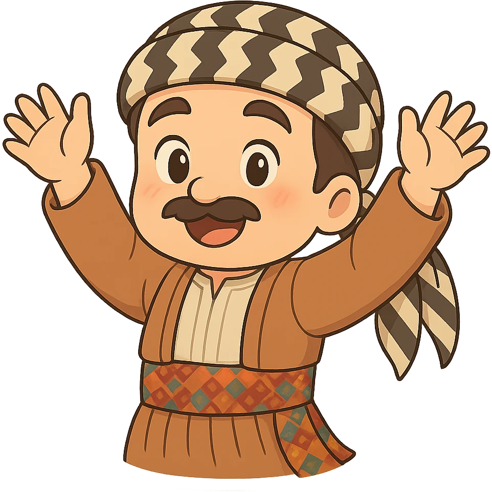 Create a chibi Kurdish cartoon sticker based on the reference image, showing a congratulatory (celebrating/wishing well) expression. emoji