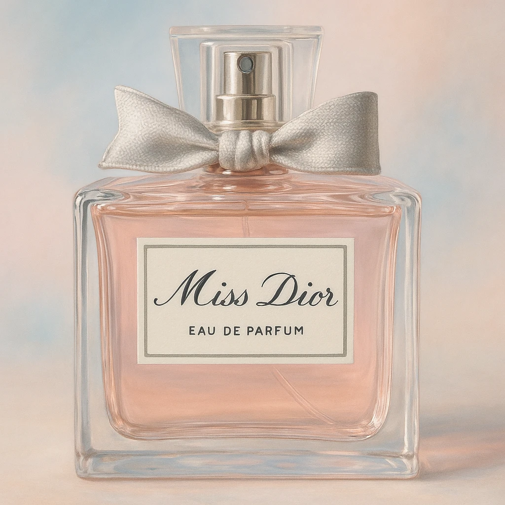 Miss Dior perfume bottle, classic rectangular shape, pastel colors, realistic style emoji