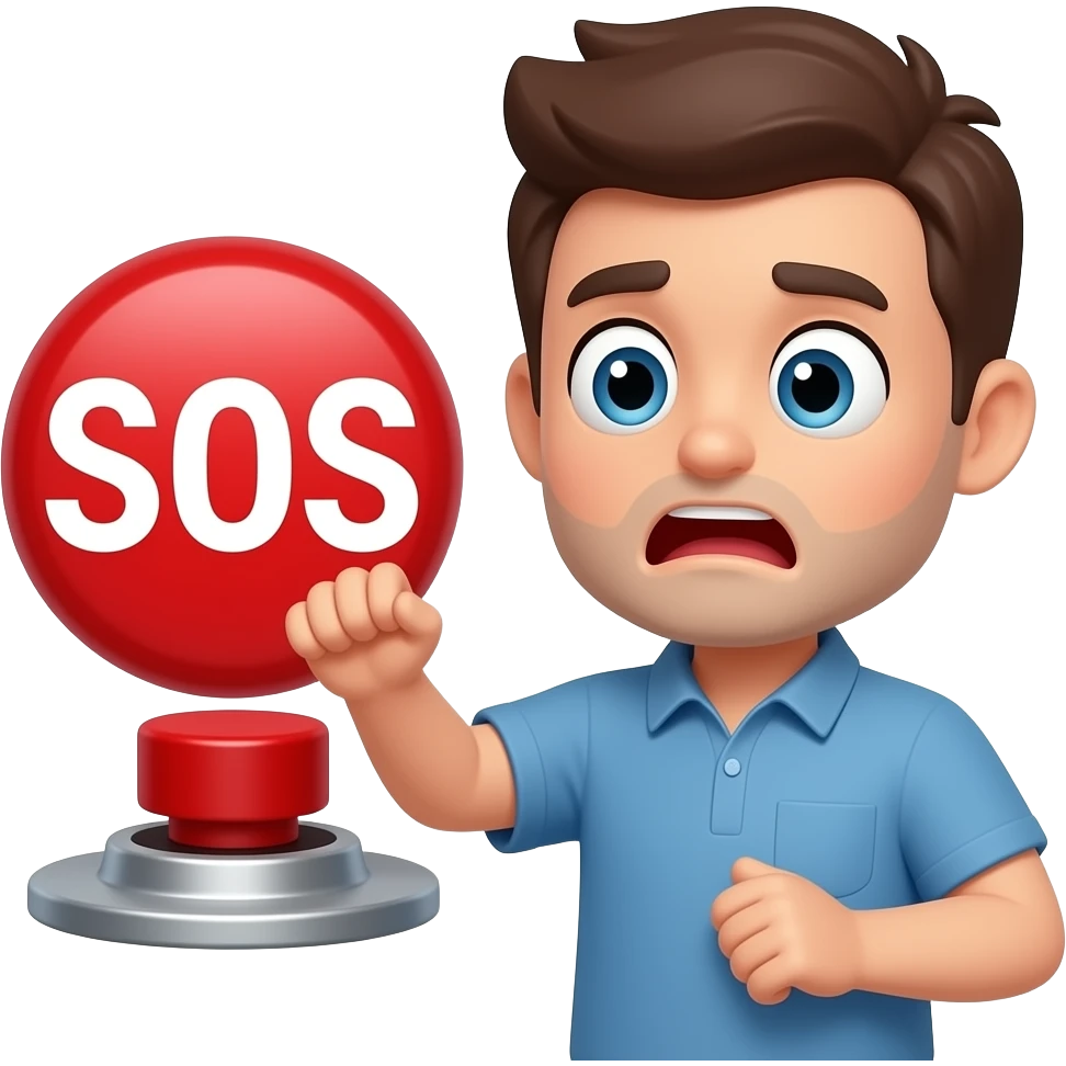 Cartoon emoji, person pressing a large red SOS button, panicked expression, simple flat design, white background, bold outlines emoji