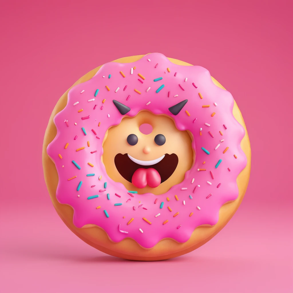 Create an emoji of this donut character with an angry expression, 3D cartoon style, pink background. emoji