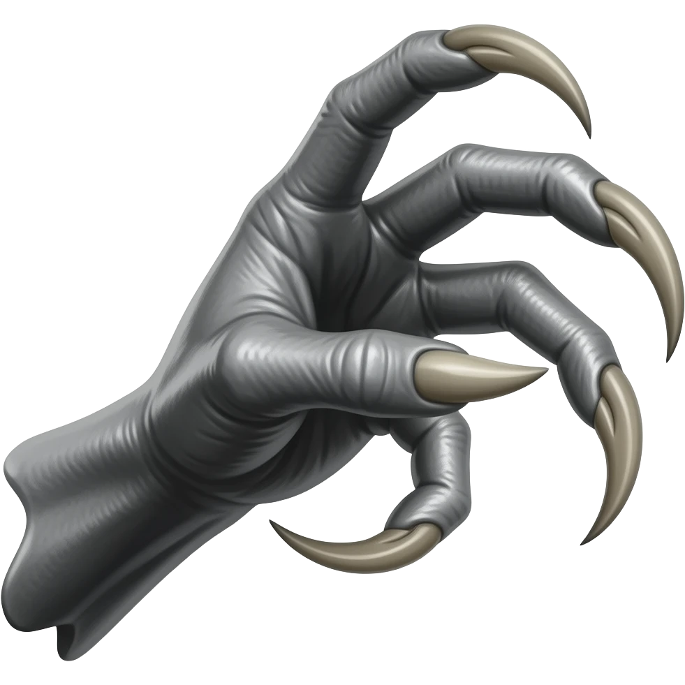 Demonic dark silver hand with long sharp dark ivory color claws reaching towards the right violently. Shift the perspective to a side profile to show the curvature and length of the claws more clearly. emoji