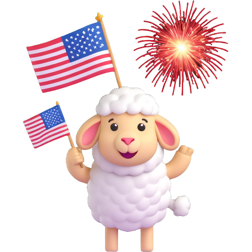 sheep emoji celebrating the Fourth of July, holding an American flag, with fireworks in the background emoji