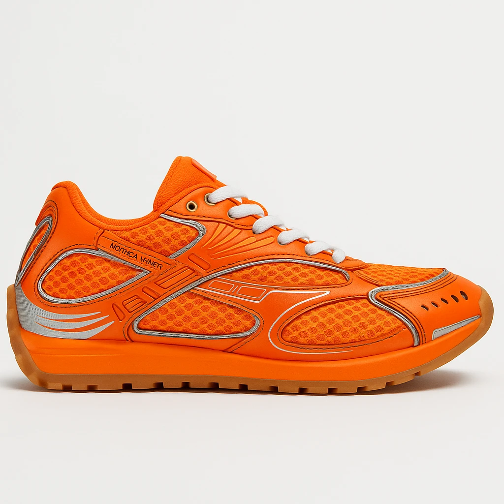 Recreate the Bottega Veneta Orbit sneaker in bright orange, exact design, shown at a sideways angle like the reference image, realistic style with a clean background. emoji