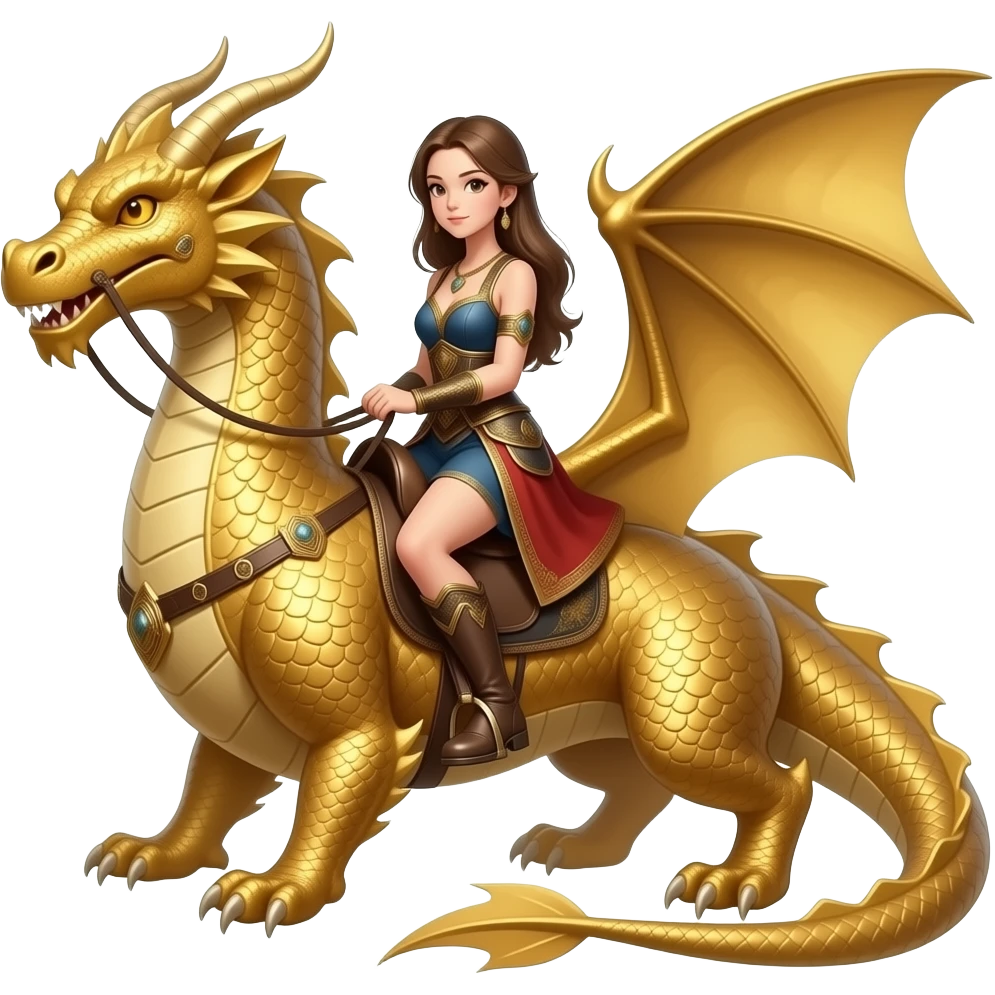 woman riding a very plain but large gold dragon that is mostly smooth with no horns or spikes emoji