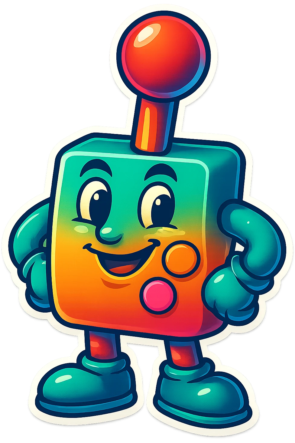 Render the subject in retro sticker style with no border and transparent background, in a relaxed standing pose, hands on hips. emoji