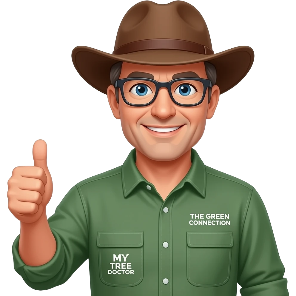 wide-smiling middle-aged man blue eyes. Dark rectangle glasses, green-collared, long-sleeve shirt, thumbs up.  Wide-brim brown Australian Akubru hat.  Insert 'THE GREEN CONNECTION' in white directly onto the right side pocket & 'MY TREE DOCTOR' onto the left side pocket emoji