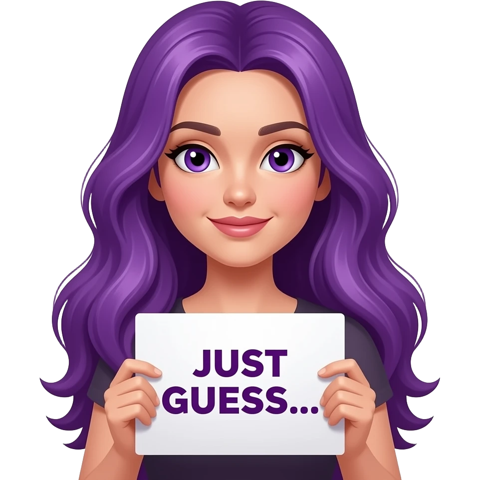 sexy girl with long purple hair and purple eyes holding a JUST GUESS... sign emoji