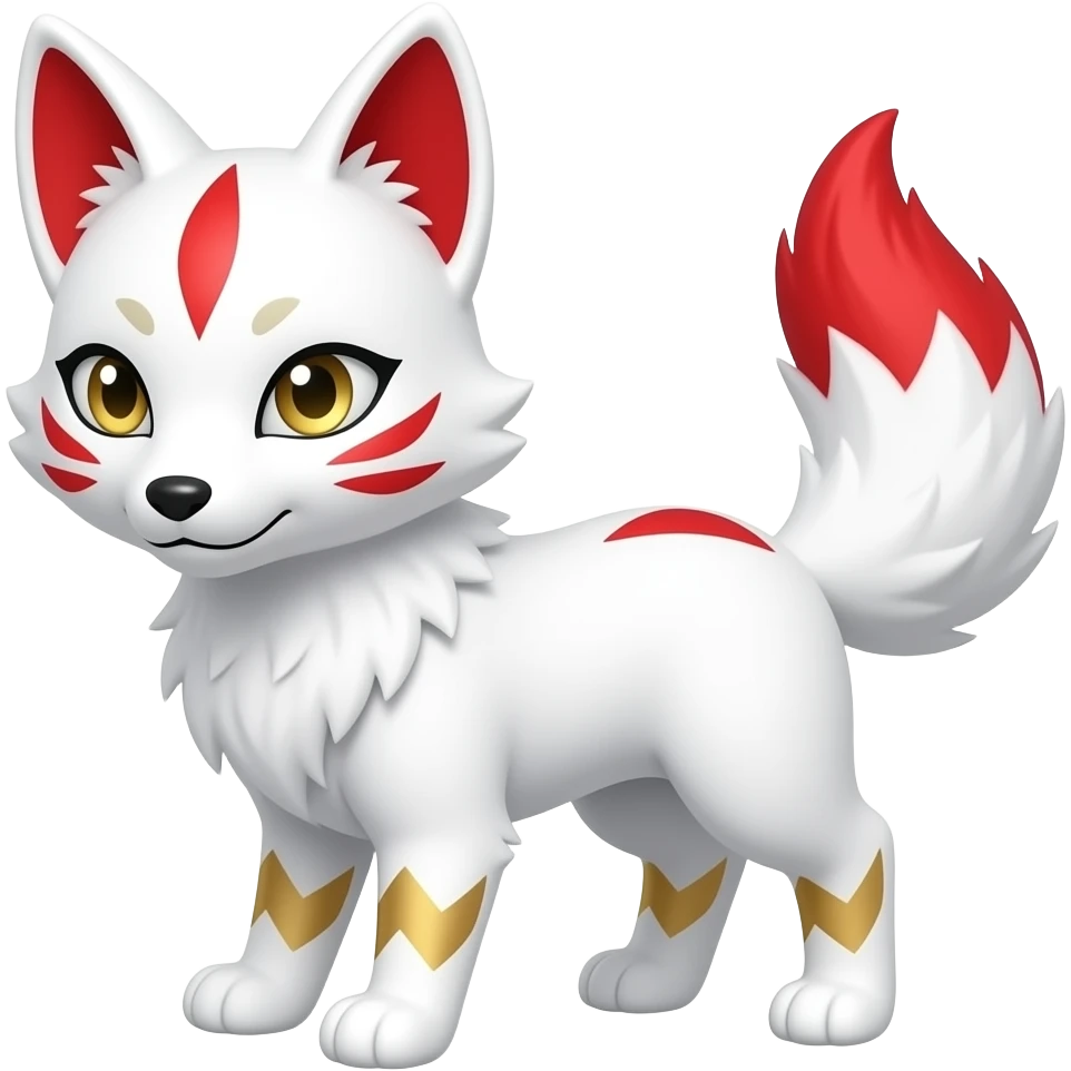 A white one-tailed Kitsune (Fox Form,) with red accents on his face, (two on each cheek and a single one on his forehead,) red on the inside of his ears, and pale golden eyes. Pure white paws, gold markings on the insides of his ears,and a red tail tip. emoji