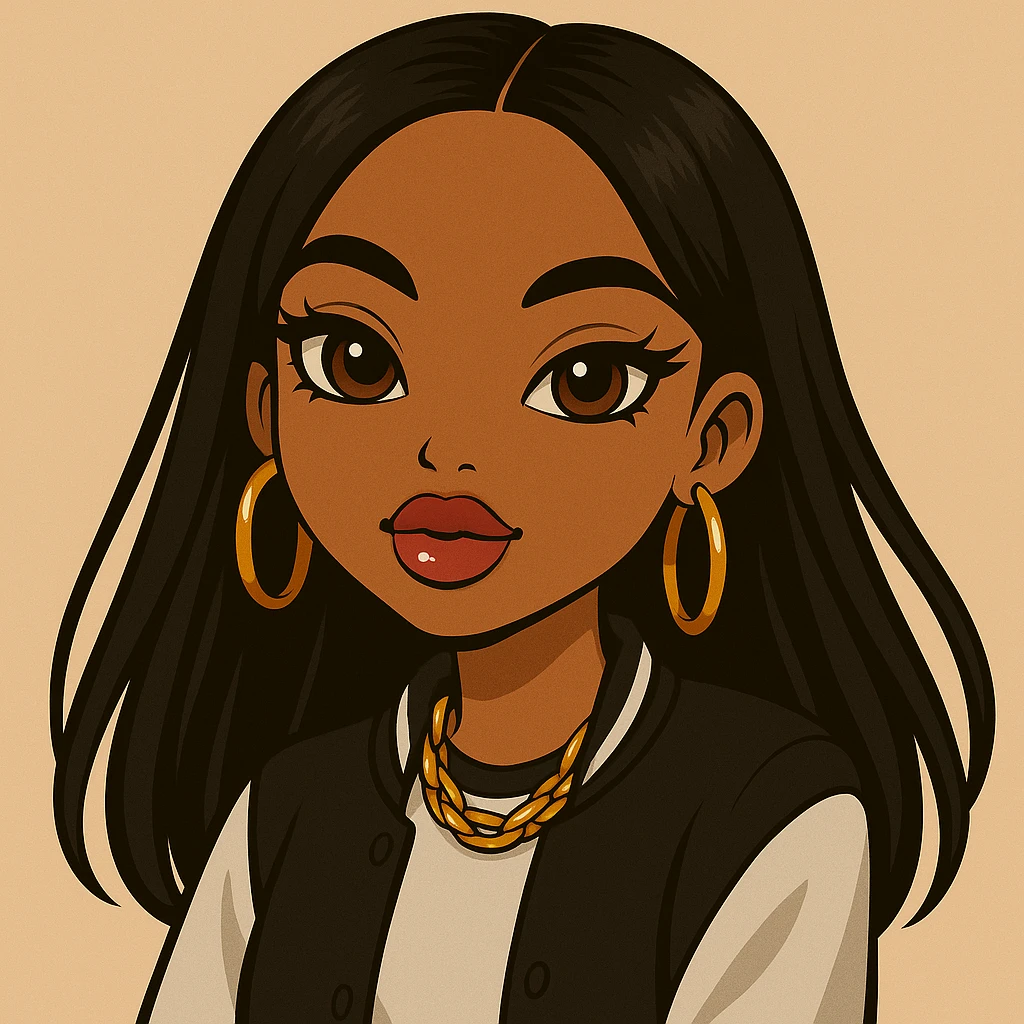 Change her expression to dreamy, headshot only, 20-year-old anime Bratz style woman with dark skin, straight hair, more casual outfit, big expressive eyes, glossy lips, no hat, no tears, looking straight ahead. The style should reflect anime Bratz aesthetics with emphasis on big expressive eyes and glossy lips. emoji