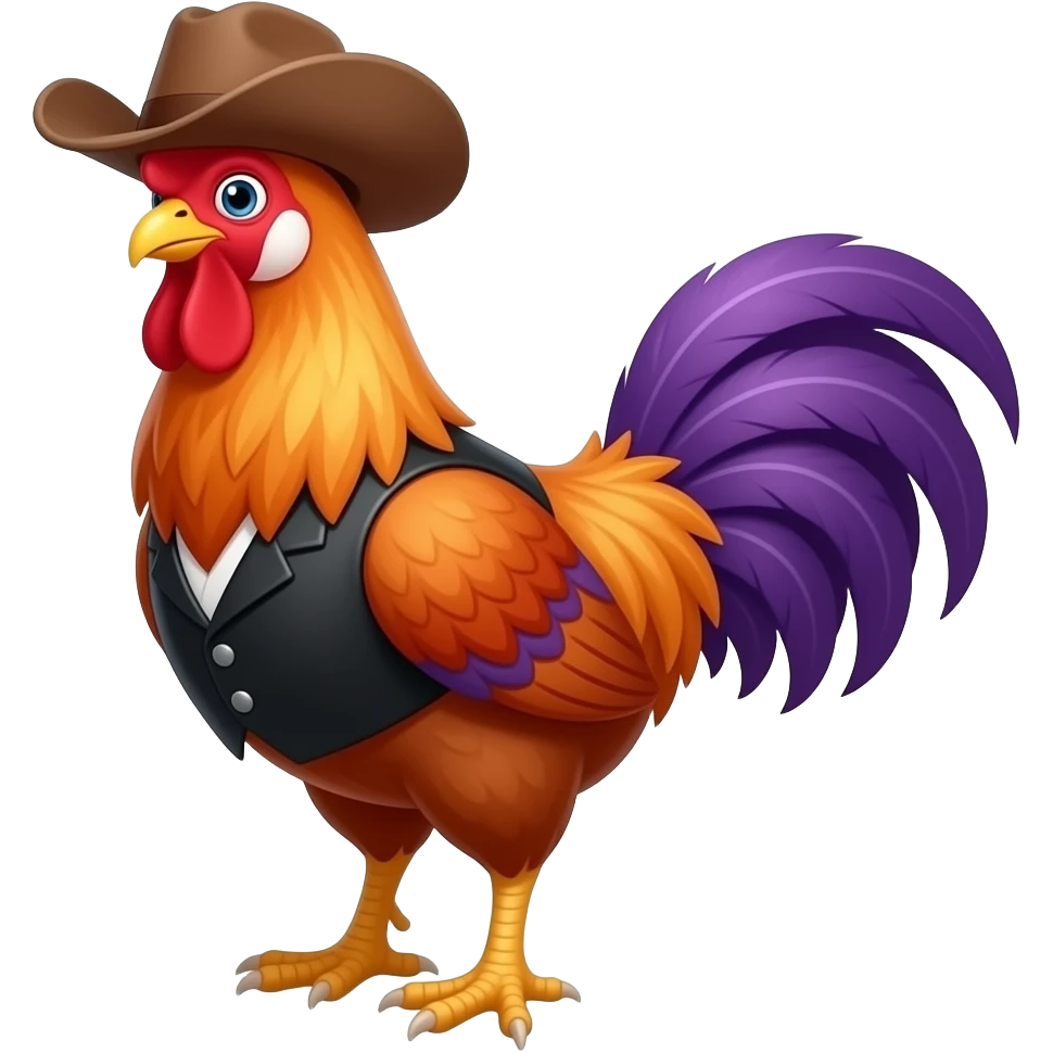 orange, purple Rooster black vest cowboy emoji