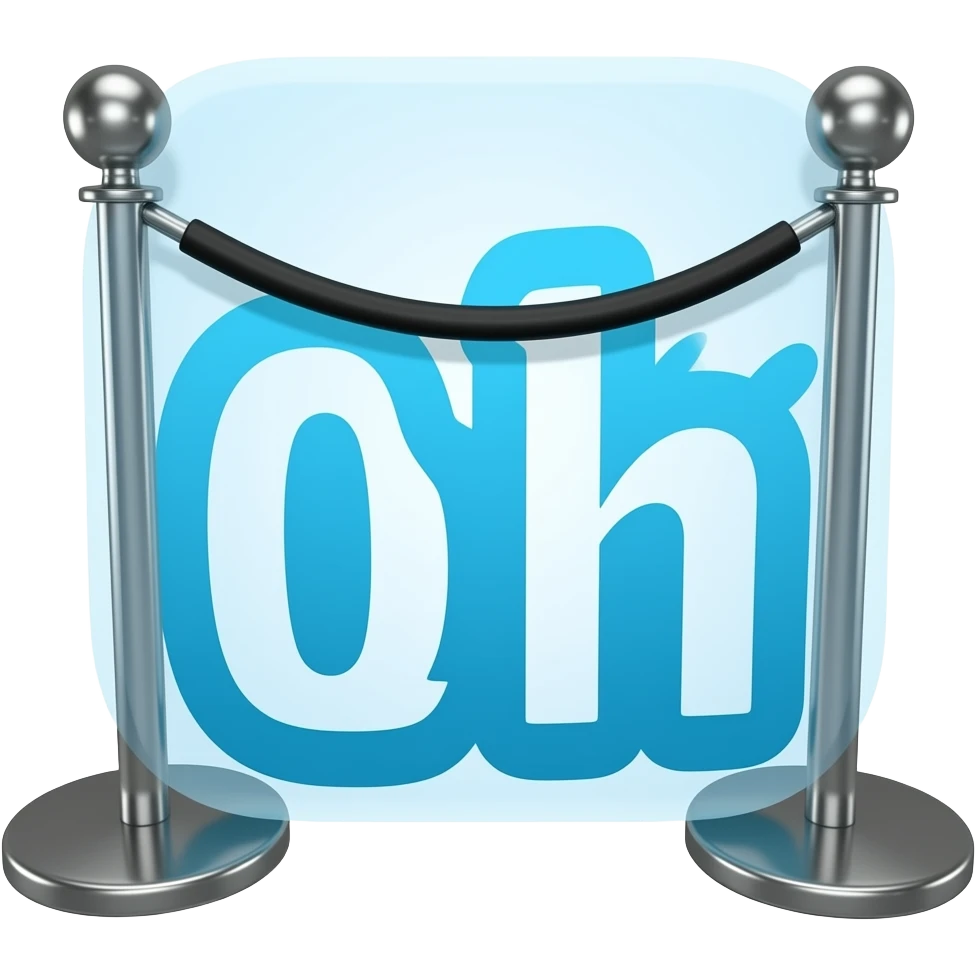 2 movie theater stanchions roped together as an app logo with cyan emoji