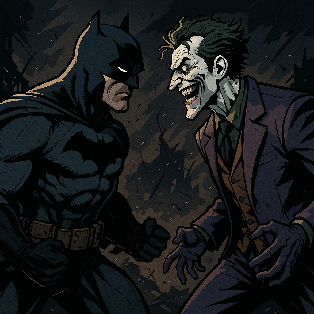vector art of batman and joker, battleground background 
 emoji